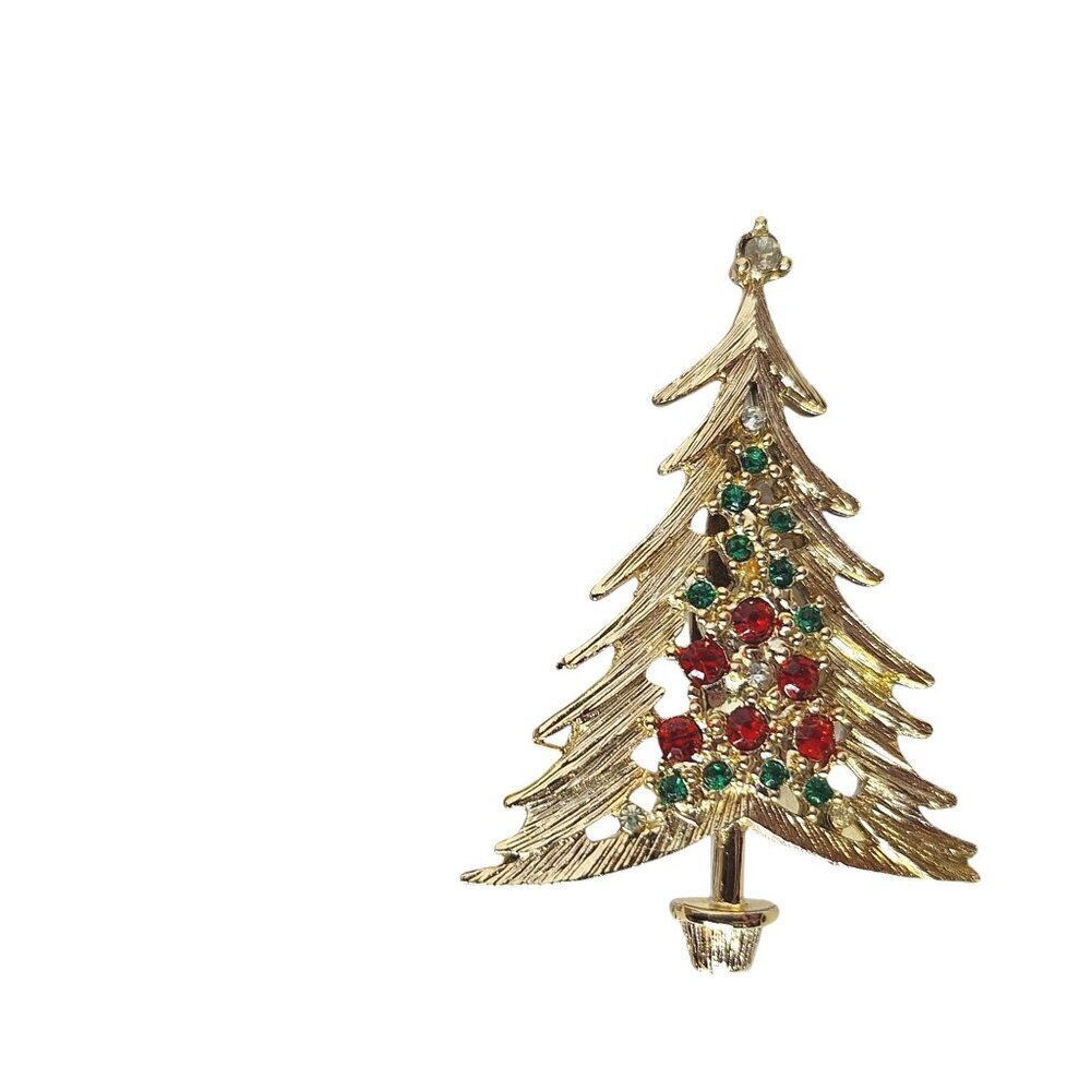 Vintage BJ Beatrix Christmas Tree Brooch Pin Gold Tone Rhinestone
